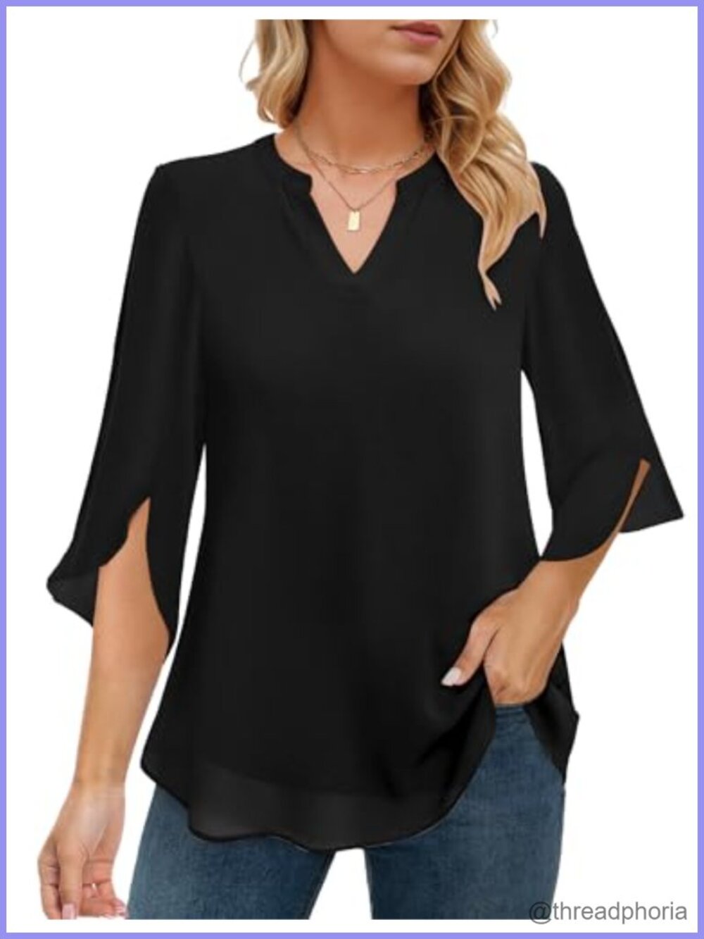 3/4 Sleeve Chiffon Blouse V Neck Double Layer Tunic Split Bell Sleeves